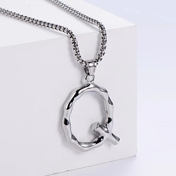 3Pcs Stainless Steel Textured Letter Pendant Box Chain Necklaces, Stainless Steel Color, Letter Q