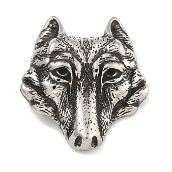 316 Surgical Stainless Steel Pendants, Wolf Head Charm, Antique Silver, 33.5x31x10.7mm, Hole: 6x7mm