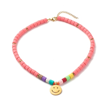 Handmada Polymer Clay & Synthetic Hematite Necklaces, 304 Stainless Steel Smiling Face Pendant Necklaces, with Lobster Claw Clasps, Light Coral, 18.11 inch(46cm)