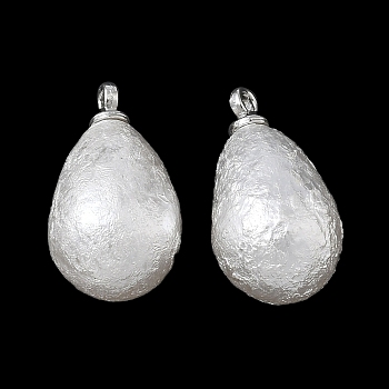 ABS Plastic Pearl Pendants, Teardrop, with Platinum Alloy Loop, Texture, White, 18x10mm, Hole: 1.6mm
