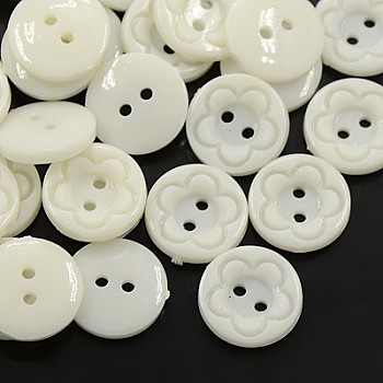 Acrylic Sewing Buttons for Clothes Design, Plastic Buttons, 2-Hole, Dyed, Flat Round with Flower Pattern, White, 15x3mm, Hole: 1mm