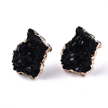 Druzy Resin Stud Earrings, with Steel Pins and Edge Light Gold Plated, Nuggets, Black, 19.5x16.5mm, Pin: 0.7mm