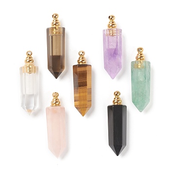 Faceted Natural Mixed Gemstone Pendants, Openable Perfume Bottle, with Golden Tone Brass Findings, Bullet, 46~47x13~14x11~12mm, Hole: 4.5mm, capacity: 1ml(0.03 fl. oz)