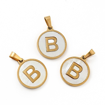 Vacuum Plating 304 Stainless Steel with White Shell Pendants, Golden, Flat Round with Letter Charm, Letter.B, 18x16x1.5mm, Hole: 3x6mm