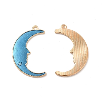 Alloy Enamel Pendants, Crescent Moon with Face Charm, Golden, Steel Blue, 32x19.5x1.5mm, Hole: 1.4mm