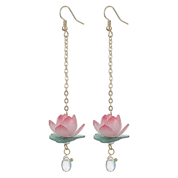 3D Lotus Plastic Dangle Earrings, Real 18K Gold Plated Brass Tassel Earrings with Glass Beaded, Pale Violet Red, 93x22mm