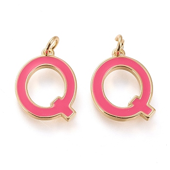 Brass Enamel Pendants, with Jump Ring, Long-Lasting Plated, Real 18K Gold Plated, Letter.Q, Hot Pink, Letter.Q, Q: 18x14x1.8mm, Jump Rings: Inner Diameter: 3mm