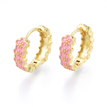 Enamel Plum Blossom Hoop Earrings, Golden Brass Jewelry for Women, Nickel Free, Flamingo, 18.5x20.5x5.5mm, Pin: 1mm