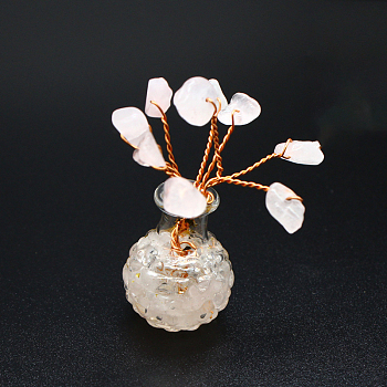 Natural Rose Quartz Chips Tree Decorations, Vase Base with Copper Wire Feng Shui Energy Stone Gift for Home Office Desktop Decoration, 50x20mm