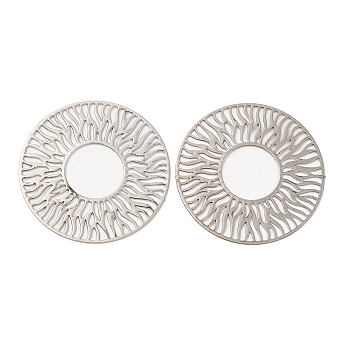 Long-Lasting Plated Brass Filigree Joiners, Etched Metal Embellishments, Flat Round with Sun, Platinum, 30x0.3mm