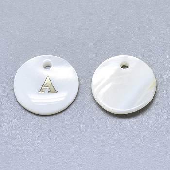 Natural White Shell Mother of Pearl Shell Charms, with Iron Sticker, Flat Round with Letter, Letter.A, 13x2mm, Hole: 1.5mm