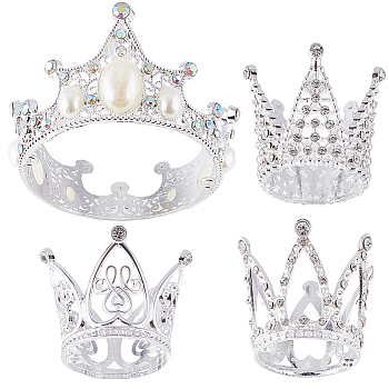 4Pcs 4 Styles Alloy Rhinestones Crown Cake Decoration, for Birthday Cake Decoration, Silver, 31.5~65x31.5~44mm, Hole: 2~3mm, Inner Diameter: 27~62mm, 1pc/style