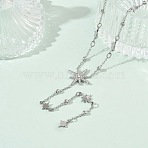 304 Stainless Steel Micro Pave Clear Star Pendant Long Tassel Y Necklaces for Women, Stainless Steel Color, 15.94 inch(40.5cm)(NJEW-C119-02P)