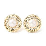 Natural Pearl Ear Studs, with Brass Micro Pave Clear Cubic Zirconia Findings and 925 Sterling Silver Pins, Flat Round, Real 14K Gold Plated, 15mm(EJEW-P285-04G)