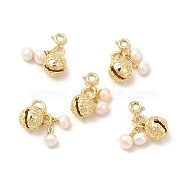 Brass Bell Spring Ring Clasp Charms, with Natural Pearl Round Beads, Real 14K Gold Plated, 25mm, Bead: 25x5.5mm, Bell: 23x9.5mm(KK-I697-21G)