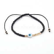 Adjustable Nylon Cord Braided Bead Bracelets, with Glass Seed Beads, Evil Eye Lampwork Beads and Brass Beads, Golden, Black, Inner Diameter: 1-7/8~3-3/8 inch(4.8~8.5cm)(BJEW-JB06023-01)