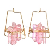 Electroplated Natural Quartz Wire Wrapped Earrings for Girl Women, Golden Trapezoid Brass Hoop Earrings, Pink, 36~40x25x10~13mm, Pin: 0.7mm(EJEW-JE04645-01)