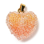 Transparent Resin Dotted Rhinetone Pendants, Heart Charms with Rack Plating Brass Findings, Real 18K Gold Plated, Cadmium Free & Lead Free, Long-Lasting Plated, Orange, 21x20x11mm, Hole: 4.5x3mm(RESI-N040-01G-04-RS)