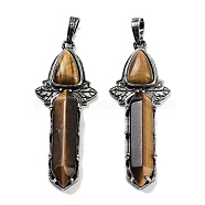 Natural Tiger Eye Sword Big Pendants, Rack Plating Antique Silver Plated Brass Charms, Cadmium Free & Lead Free, 51x20x9mm, Hole: 6.5x5mm(G-Q163-08AS-08)