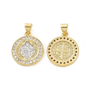 Rack Plating Brass Micro Pave Cubic Zirconia Pendants, Long-Lasting Plated, Cadmium Free & Lead Free, Saint Benedict Medal Charms, Real 18K Gold Plated, 20x17x2mm, Hole: 4x3.5mm(KK-C008-23G)
