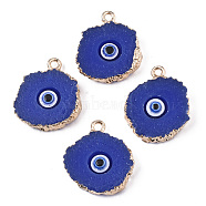 Druzy Resin Pendants, with Edge Light Gold Plated Iron Loops, Flat Round with Eye, Blue, 20~23x17~18x5mm, Hole: 1.8mm(RESI-S383-011E)
