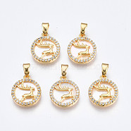 Brass Micro Pave Clear Cubic Zirconia Charms, with White Sea Shell, Nickel Free, Flat Round with Deer, Real 18K Gold Plated, 13.5x12x2mm, Hole: 2.5x4.5mm(KK-Q277-006-NF)