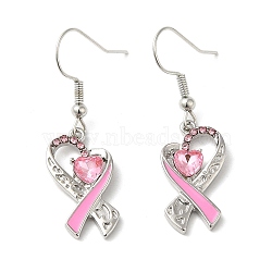 October Breast Cancer Pink Awareness Ribbon Alloy Dangle Earrings with Rhinestone, Platinum, 40x11.5mm(EJEW-Z027-01P)