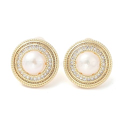 Natural Pearl Ear Studs, with Brass Micro Pave Clear Cubic Zirconia Findings and 925 Sterling Silver Pins, Flat Round, Real 14K Gold Plated, 15mm(EJEW-P285-04G)