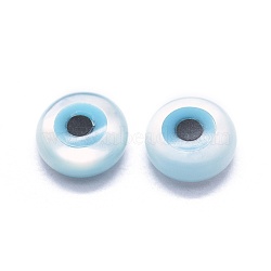 Shell Cabochons, with Synthetic Turquoise, Flat Round with Evil Eye, White, 6x2mm(SSHEL-I022-02D)