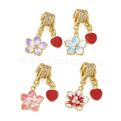 Brass Micro Pave Clear Cubic Zirconia Pendants, Flower & Heart Charm, with Enamel and ABS Plastic Imitation Pearl, Cadmium Free & Lead Free, Rack Plating, Long-Lasting Plated, Real 18K Gold Plated, Mixed Color, 27.5mm, Hole: 3~4mm(CU-CBA4231-03G)