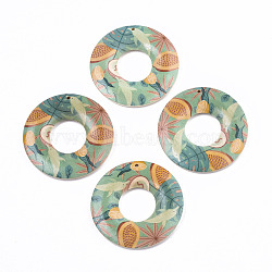 Fruit Seris Printed Wood Pendants, Donut with Papaya Pattern, Medium Aquamarine, 45x5mm, Hole: 1.6mm(X-WOOD-S045-105D)