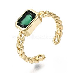 Brass Micro Pave Cubic Zirconia Cuff Rings, Open Rings, Nickel Free, Curb Chain Shape, Rectangle Octagon, Real 16K Gold Plated, Green, US Size 6(16.5mm)(RJEW-S044-119C-NF)