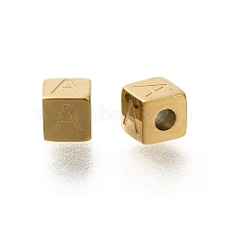 Ion Plating(IP) 304 Stainless Steel Beads, Cube with Letter, Real 14K Gold Plated, Letter A, 5x5x5mm, Hole: 2mm(STAS-F308-01G-A)