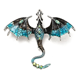 Dragon Enamel Pins, Antique Silver Alloy Rhinestone Brooch, Deep Sky Blue, 61x70.5x10.5mm(JEWB-Q031-08AS-01)