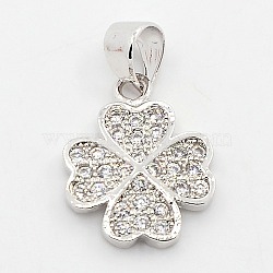 CZ Lucky Jewelry Brass Micro Pave Cubic Zirconia Four Leaf Clover Charms Pendants, Grade AAA, Lead Free & Cadmium Free & Nickel Free, Platinum, 15x12x2mm, Hole: 4x3mm(ZIRC-M011-18P-NR)