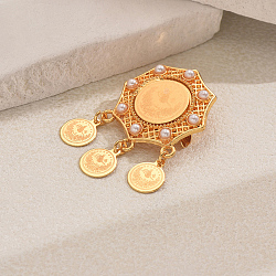 Polygon Alloy Brooches for Backpack Clothes, with Plastic Pearl & Flat Round Pendants, Golden, 30mm(DX3825-3)