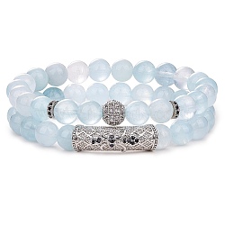 2Pcs 2 Style Natural Aquamarine Stretch Bracelets Set, Cubic Zirconia Tube Beaded Gemstone Bracelets for Women, Inner Diameter: 2-1/8 inch(5.5cm),  1Pc/style(BJEW-SW00094)