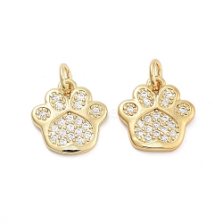 Paw Print Rack Plating Brass Micro Pave Cubic Zirconia Charms, Cadmium Free & Lead Free, Long-Lasting Plated, Real 18K Gold Plated, 12.5x12x1.5mm, Hole: 3mm(KK-G512-22G)