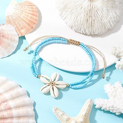 Adjustable Natural Cowrie Shell Beaded Braided Anklets, Summer Beach Glass Seed Beaded 2-Strand Anklets for Women, Deep Sky Blue, Inner Diameter: 2-3/4~ 4 inch(71.5~100mm)(AJEW-AN00686-01)