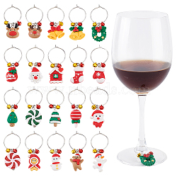20Pcs 20 Styles Christmas Theme Opaque Resin with Aluminum Bell Charm Glass Wine Glass Charms, with Brass Wine Glass Charms Ring, Snowman/Christmas Tree/Santa Claus, Mixed Color, 51~61mm, 1pc/style(HJEW-GA00059)