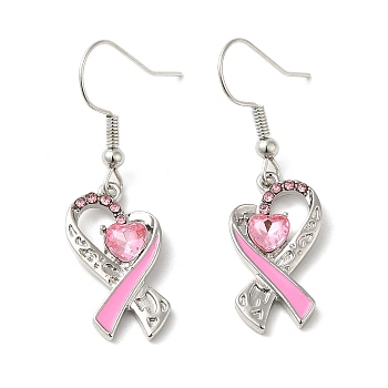 October Breast Cancer Pink Awareness Ribbon Alloy Dangle Earrings with Rhinestone, Platinum, 40x11.5mm