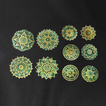 Mandala PET Round Self Adhesive Decorative Stickers, Waterproof Laser Flower Decals for DIY Scrapbooking, Card Making, Green, 57~79.5x57~79.5x0.2mm