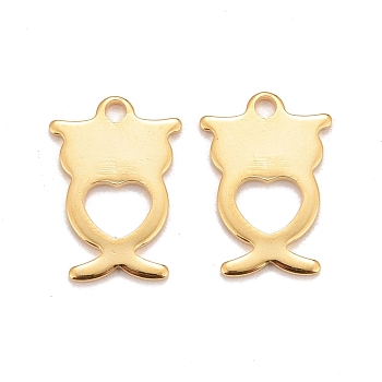 201 Stainless Steel Charms, Owl with Heart, Real 24k Gold Plated, 13.5x9.5x0.8mm, Hole: 1.4mm