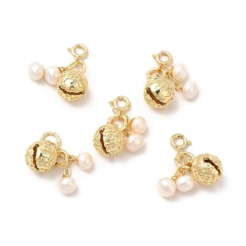Brass Bell Spring Ring Clasp Charms, with Natural Pearl Round Beads, Real 14K Gold Plated, 25mm, Bead: 25x5.5mm, Bell: 23x9.5mm