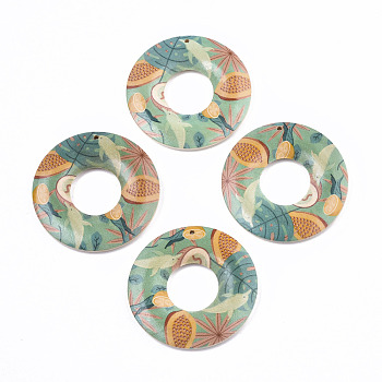 Fruit Seris Printed Wood Pendants, Donut with Papaya Pattern, Medium Aquamarine, 45x5mm, Hole: 1.6mm