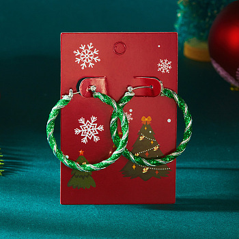 Christmas Alloy Enamel Twist Hoop Earrings, Platinum, Green, 40x40mm