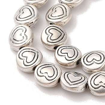 Tibetan Style Flat Round with Heart Alloy Bead Strands, Lead Free & Cadmium Free & Nickel Free, Antique Silver, 6.5x3mm, Hole: 1mm, about 33pcs/strand, 8 inch