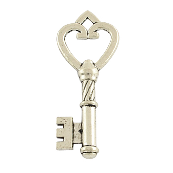 Tibetan Style Alloy Key Pendants, Cadmium Free & Lead Free, Antique Silver, 47x19x5mm, Hole: 4mm, about 180pcs/1000g