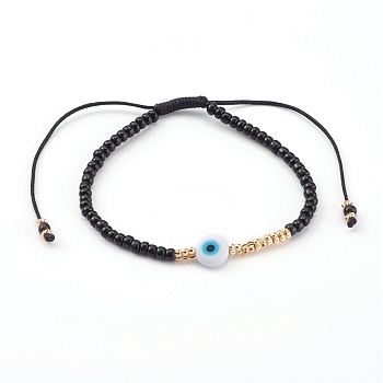 Adjustable Nylon Cord Braided Bead Bracelets, with Glass Seed Beads, Evil Eye Lampwork Beads and Brass Beads, Golden, Black, Inner Diameter: 1-7/8~3-3/8 inch(4.8~8.5cm)