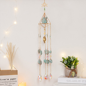 Glass Teardrop Pendant Decorations, Hanging Suncatchers, with Metal Lotus Link and Natural Amazonite Chips, Iron Findings, for Home Car Decorations, Golden, 600mm